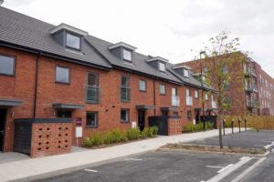 Communal electric vehicle charging points at an apartment block in Southampton.